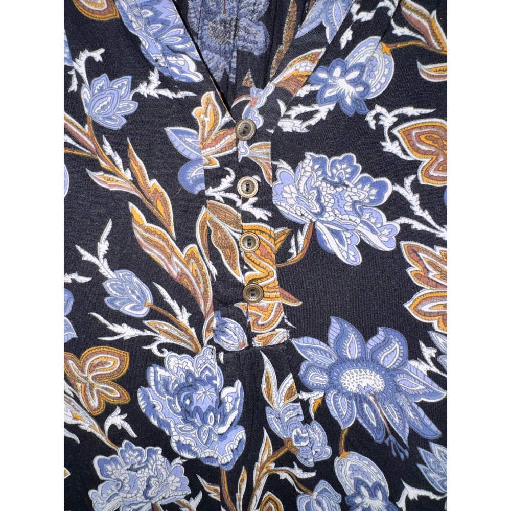 Lucky Brand Women Black Blue Floral Boho Viscose Split Neck Blouse Medium - Picture 3 of 8